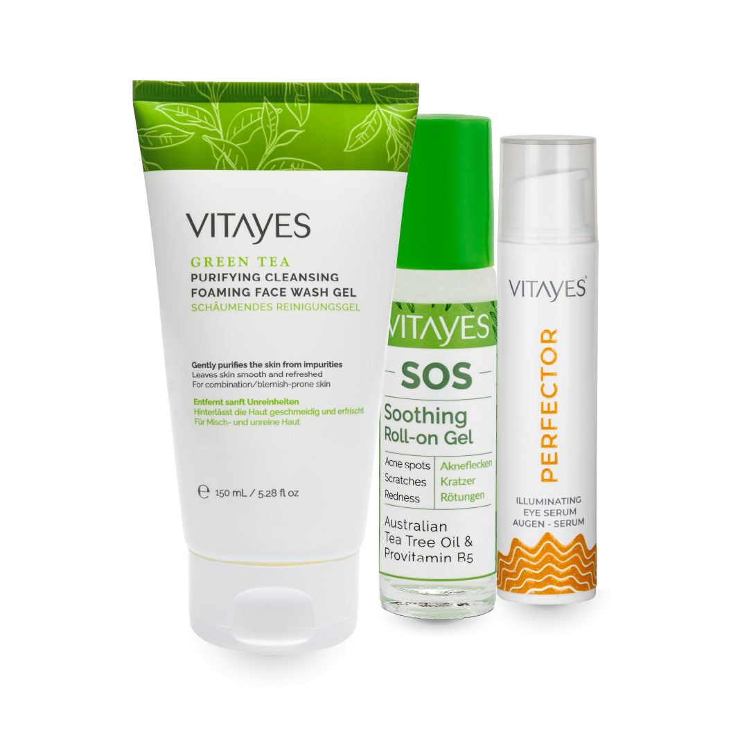 Akne Karşıtı Yağlı Ciltler Sivilce ve Siyah Nokta Giderici Vitayes Yüz ve Makyaj Temizleme Jeli & Onarıcı ve Yatıştırıcı Vitayes Çay Ağacı Yağı Özlü SOS Serum & Nemlendirici Peptit Vitayes Göz Serumu Sıkılaştırıcı Kırışıklık Önleyici Göz Altı Torbaları ve İnce Çizgiler