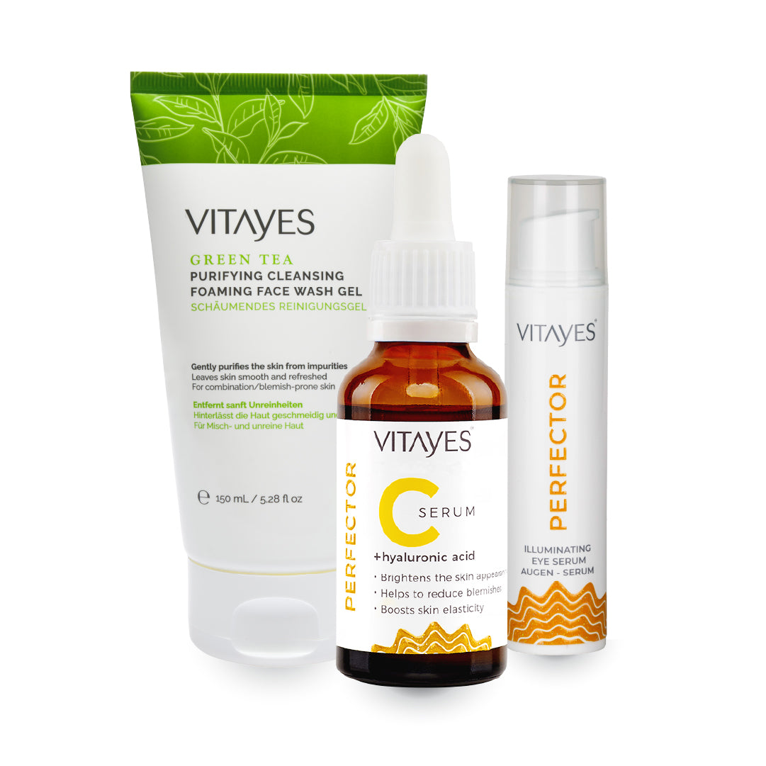 Akne Karşıtı Yağlı Ciltler Sivilce ve Siyah Nokta Giderici Vitayes Yüz ve Makyaj Temizleme Jeli & Koyu Lekelere Karşı Cilt Tonu Eşitleyici Vitayes C Vitamini Serum Parlak ve Canlandırıcı Etki & Nemlendirici Peptit Vitayes Göz Serumu Sıkılaştırıcı Kırışıklık Önleyici Göz Altı Torbaları ve İnce Çizgiler
